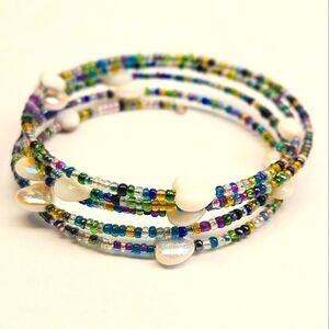 White Heart with Colorful Seed Beads Memory Wire Bracelet